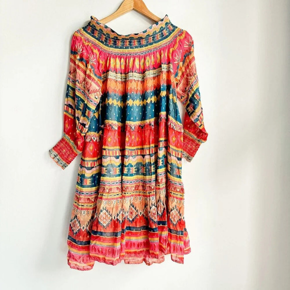 Chufy Memories of Peru Colourful Ethnic Print Off The Shooulder Chiffon Dress L - Picture 3 of 7